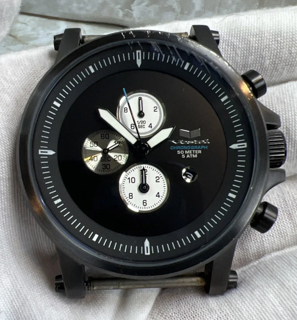 Vestal Plexi Men's Chronograph Watch NO BAND Black Dial FOR PARTS - UNTESTED